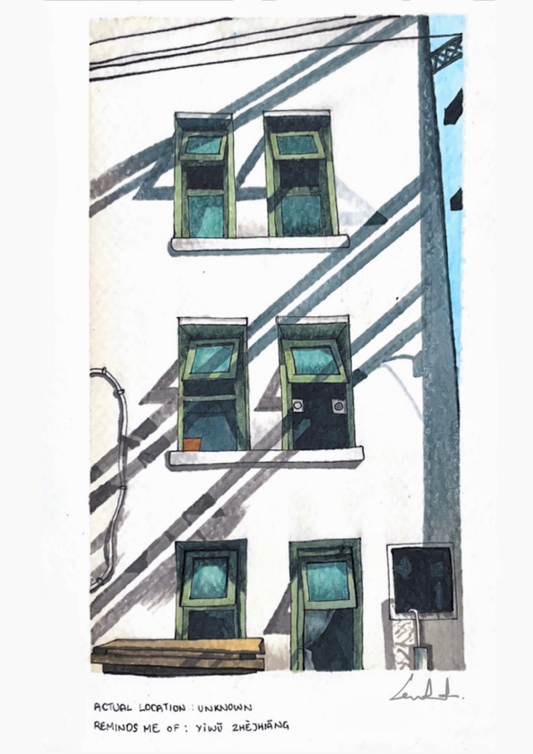 Watercolor painting of a building facade with green windows at Yiwu City, China